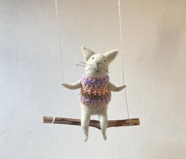 Cat On Swing , Gray Needle Felted Cat, Nursery Decoration, Baby Crib Mobile, Toy, Mobile