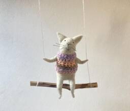 Cat On Swing , Gray Needle Felted Cat, Nursery Decoration, Baby Crib Mobile, Toy, Mobile