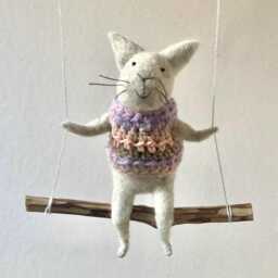 Cat On Swing , Gray Needle Felted Cat, Nursery Decoration, Baby Crib Mobile, Toy, Mobile - thumbnail 3