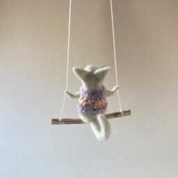 Cat On Swing , Gray Needle Felted Cat, Nursery Decoration, Baby Crib Mobile, Toy, Mobile - thumbnail 4