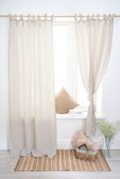 Linen Curtain Panels With Ties, Set Of 2 Semi Sheer Curtains, Extra Long Drape, Custom Living Room Window Treatments