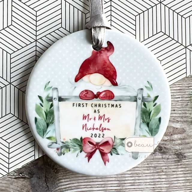 Personalised First Christmas Married Wedding Gift As Mr Mrs Newlywed Santa Gnome Greenery Design Ceramic Or Acrylic Round Ornament Keepsake