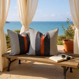 Color Block Pillow Cover Cognac Faux Leather & Striped Cotton - thumbnail 2