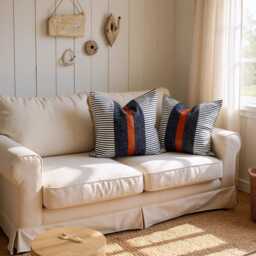 Color Block Pillow Cover Cognac Faux Leather & Striped Cotton - thumbnail 1