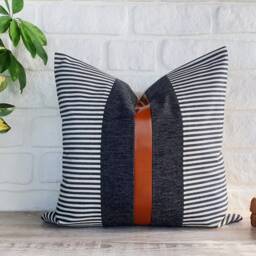 Color Block Pillow Cover Cognac Faux Leather & Striped Cotton - thumbnail 3