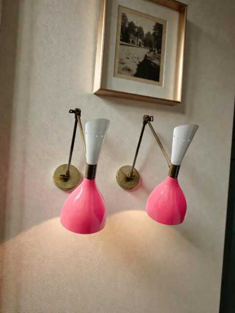 Mid Century Italian Brass Wall Sconce Pink & White Diabolo Lamp - image 1