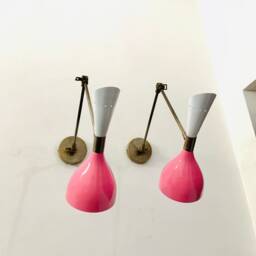 Mid Century Italian Brass Wall Sconce Pink & White Diabolo Lamp - thumbnail 2