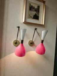 Mid Century Italian Brass Wall Sconce Pink & White Diabolo Lamp - thumbnail 1