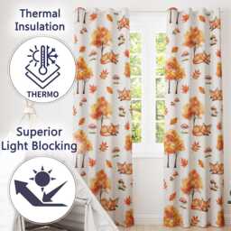 Cute Autumn Fox Leaves Mushrooms Watercolor Light Grey Seamless Pattern Readymade Eyelet Ring Top Thermal 100% Blackout Curtains - thumbnail 3