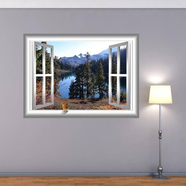 Scenic Forest Tree Landscape Wallpaper Mural Decal - Peel & Stick Fake Window Frame Wall Art - Vwaq-An4