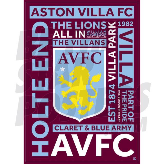 Aston Villa Fc Word Poster A4/A3 A2 Unframed & Framed Options - image 1