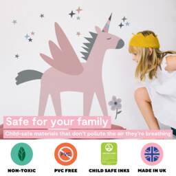 Large Pink Unicorn Wall Sticker - Decal Kids Room Decor PVC Free, Removeable Peel & Stick Fabric Decals - thumbnail 3
