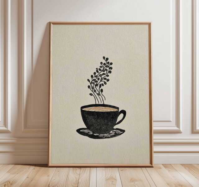 Coffee Cup Wall Art, Minimalist Print, Cafe Kitchen Poster, Modern Illustration, Barista Artwork, Cozy Decor - image 1