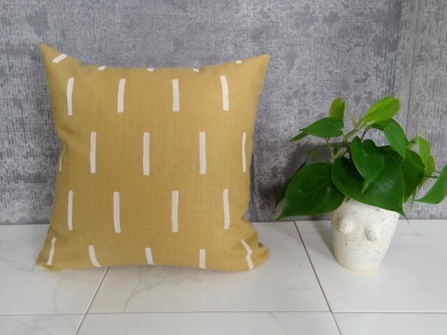 Honey Linen Pillow Cover With White Block Printed Line Design/Amber Saffron Mustard Rectangles Natural Minimalist Mudcloth Inspired - image 1