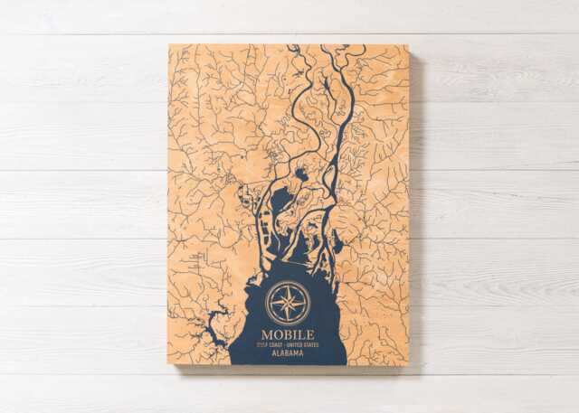 Mobile, Alabama Map - Engraved Wood Coastal Art Sign, Beach Home Decor Wall Hanging, Nautical Life Print, Unique Personalized Family Gift - image 1