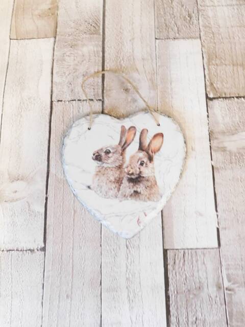 Decoupage Bunnies Slate Heart Plaque - Wall Decor - 15cm - image 1