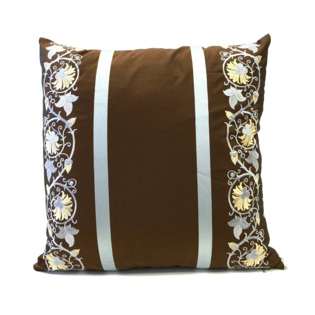 Brown/Blue Silk Blend Throw Pillow Cover, Decorative Cushion Covers, Striped Accent Pillow, Embroidered Farmhouse Pillow, Mid Century Pillow - image 1