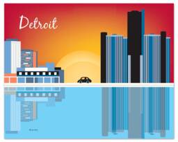 Detroit Skyline Art Print, Michigan, General Motors Horizontal Art, Office Loose Petals, Style E8-O-Det - thumbnail 1