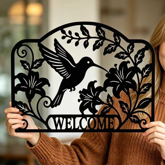 Custom Metal Sign For Wall, Personalised Welcome Garden Decor, Family Name Outdoor Ornament, Hummingbird Flower Name Sign, Anniversary Gift - image 1