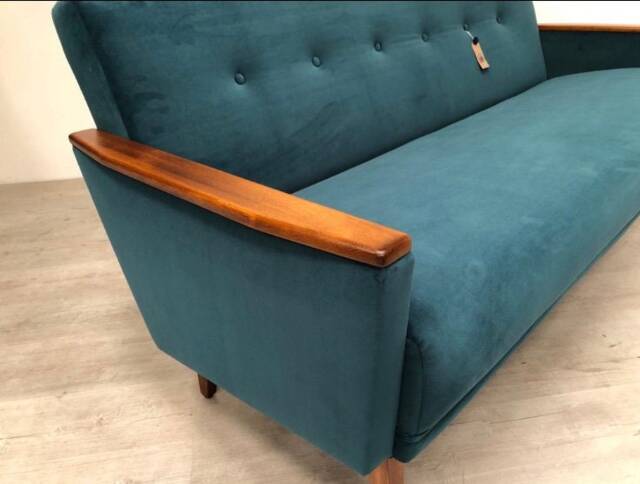 New, Handmade, Vintage Teak Danish Inspired, Model 55 Mid Century 3 Seat Lounge Sofa Settee in Peacock Velvet - image 1