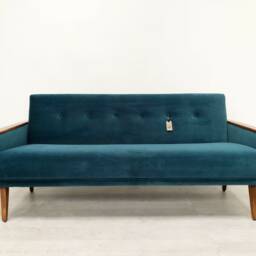 New, Handmade, Vintage Teak Danish Inspired, Model 55 Mid Century 3 Seat Lounge Sofa Settee in Peacock Velvet - thumbnail 3