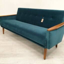 New, Handmade, Vintage Teak Danish Inspired, Model 55 Mid Century 3 Seat Lounge Sofa Settee in Peacock Velvet - thumbnail 2