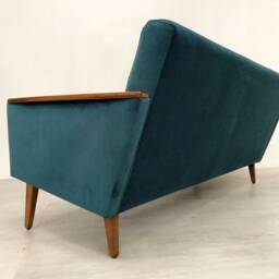 New, Handmade, Vintage Teak Danish Inspired, Model 55 Mid Century 3 Seat Lounge Sofa Settee in Peacock Velvet - thumbnail 4