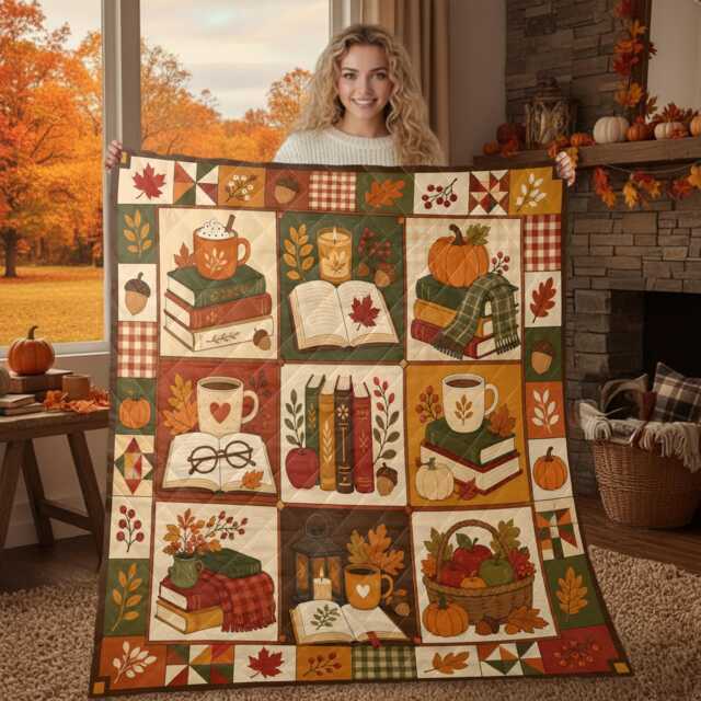 Fall Reading Quilt Blanket, Autumn Patchwork Throw, Cozy Pumpkin Library Decor, Gift For Readers - image 1