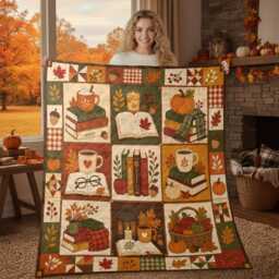 Fall Reading Quilt Blanket, Autumn Patchwork Throw, Cozy Pumpkin Library Decor, Gift For Readers - thumbnail 1