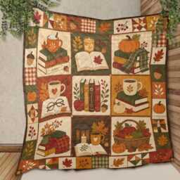 Fall Reading Quilt Blanket, Autumn Patchwork Throw, Cozy Pumpkin Library Decor, Gift For Readers - thumbnail 3
