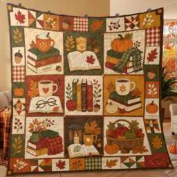 Fall Reading Quilt Blanket, Autumn Patchwork Throw, Cozy Pumpkin Library Decor, Gift For Readers - thumbnail 2