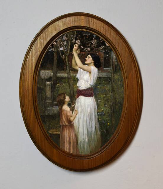 Light Oak Oval Wooden Framed Picture, John William Waterhouse Gathering Almond Art Print, Wall Hanging Home Decor Antique Vintage Style - image 1
