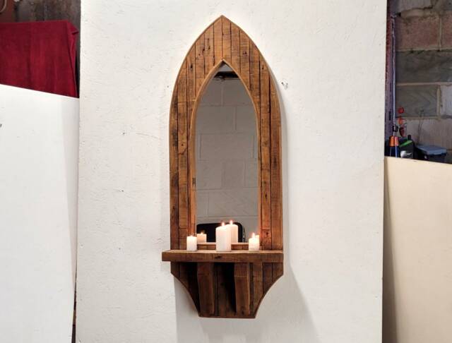 Gothic Arch Distressed Reclaimed Pine Wall Mirror With Shelf & Brackets 118 cm 46.5 - image 1