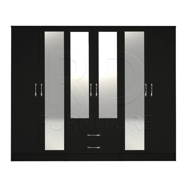 Black Wardrobe, Large Wardrobe Ready Assembled Classic 6 Door 4 Mirror - image 1