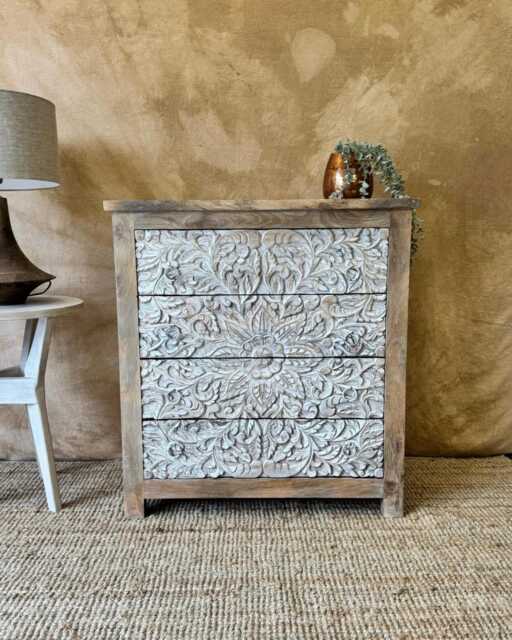 Hand-Carved Mango Wood Chest Of Drawers - Whitewashed Floral Design - image 1