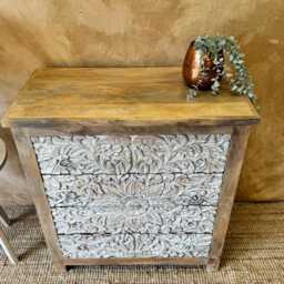 Hand-Carved Mango Wood Chest Of Drawers - Whitewashed Floral Design - thumbnail 2