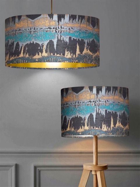 New Luxury Exclusive Range Inca Teal Fabric Drum Abstract Design Lamp Shade Pendant Light Blue With Metallic Lining - image 1