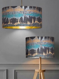 New Luxury Exclusive Range Inca Teal Fabric Drum Abstract Design Lamp Shade Pendant Light Blue With Metallic Lining - thumbnail 1