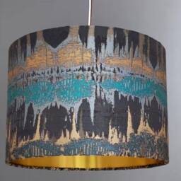New Luxury Exclusive Range Inca Teal Fabric Drum Abstract Design Lamp Shade Pendant Light Blue With Metallic Lining - thumbnail 2