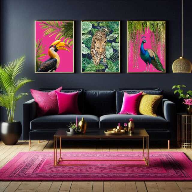 Maximalist Tropical Print Set Featuring Vibrant Peacock, Hornbill & Jungle Tiger - Hot Pink Wall Art Collection - image 1