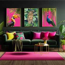 Maximalist Tropical Print Set Featuring Vibrant Peacock, Hornbill & Jungle Tiger - Hot Pink Wall Art Collection - thumbnail 3