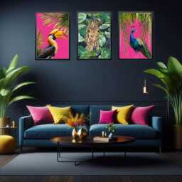 Maximalist Tropical Print Set Featuring Vibrant Peacock, Hornbill & Jungle Tiger - Hot Pink Wall Art Collection - thumbnail 2