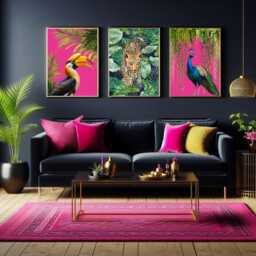 Maximalist Tropical Print Set Featuring Vibrant Peacock, Hornbill & Jungle Tiger - Hot Pink Wall Art Collection - thumbnail 1