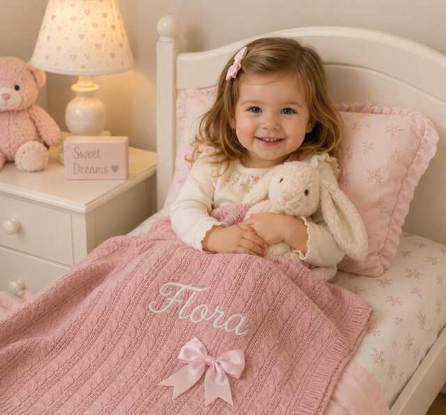 Personalised Baby Blanket, Embroidered, Cable Knit With Bow , Personalized Baby Gift, Dusky Pink - image 1