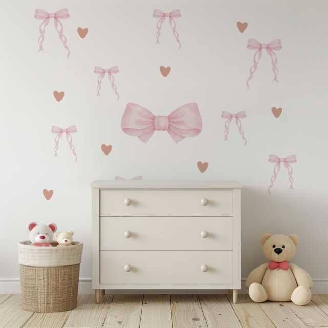 Pink Bow & Heart Wall Stickers, Coquette Nursery Decor, Baby Girl Decals, Soft Peel Stick Decals - image 1