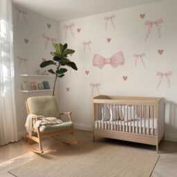 Pink Bow & Heart Wall Stickers, Coquette Nursery Decor, Baby Girl Decals, Soft Peel Stick Decals - thumbnail 2