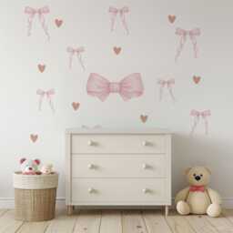 Pink Bow & Heart Wall Stickers, Coquette Nursery Decor, Baby Girl Decals, Soft Peel Stick Decals - thumbnail 1