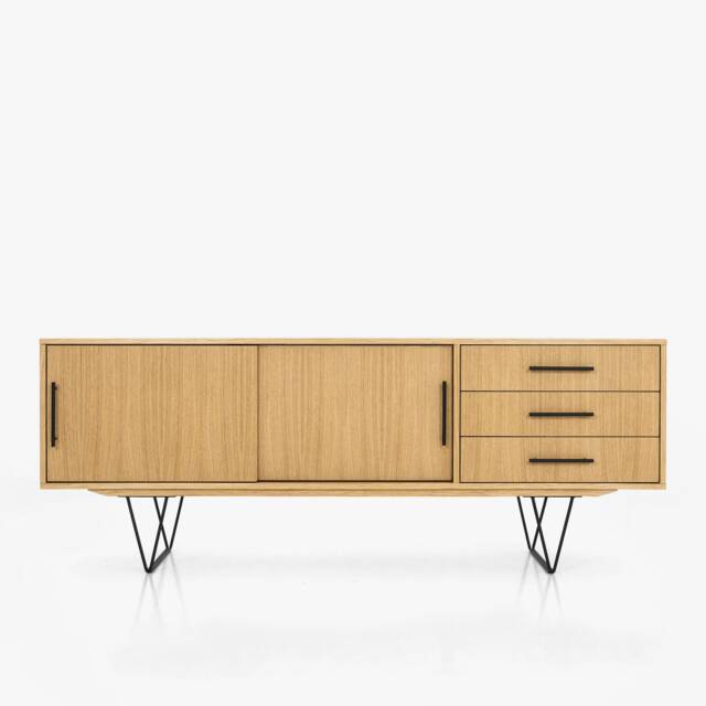 Veneer Oak Long Tv Cabinet With Sliding Door Sideboard in Modern Mid-Century Style For Living Room Or Bedroom Livlo D-S03 - image 1