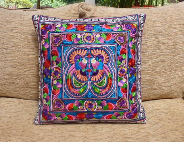 Embroidered Cushion Cover, Boho Cushion, Bohemian Decor, Thai Hmong Colourful - image 1