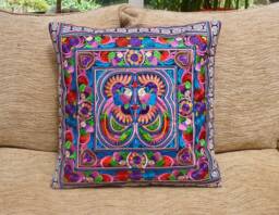 Embroidered Cushion Cover, Boho Cushion, Bohemian Decor, Thai Hmong Colourful - thumbnail 1